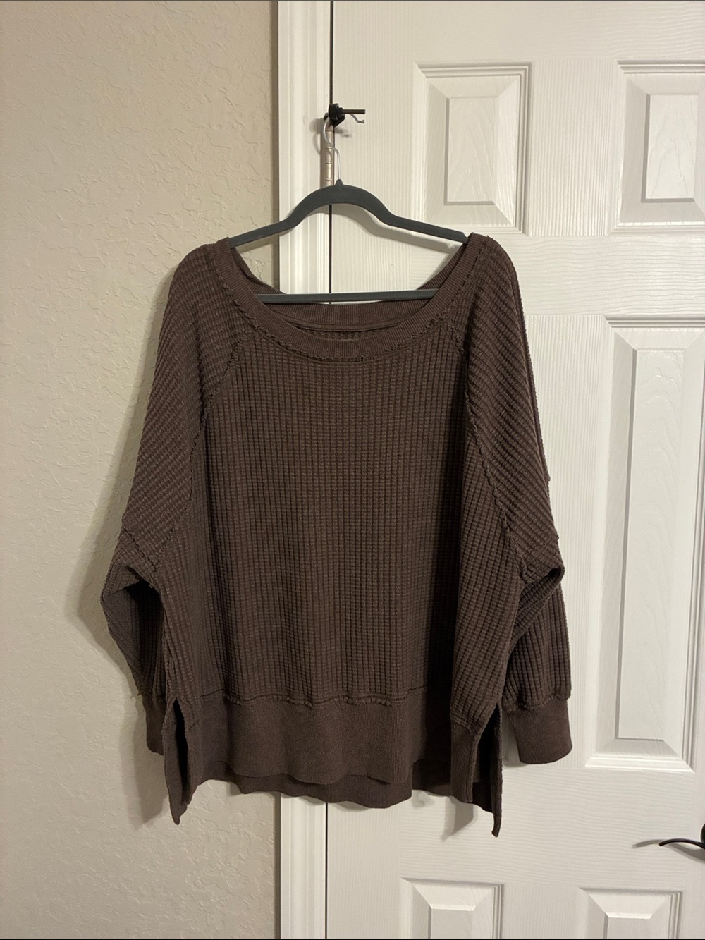 aerie Brown Waffle-Knit Wide Neck Sweatshirt
